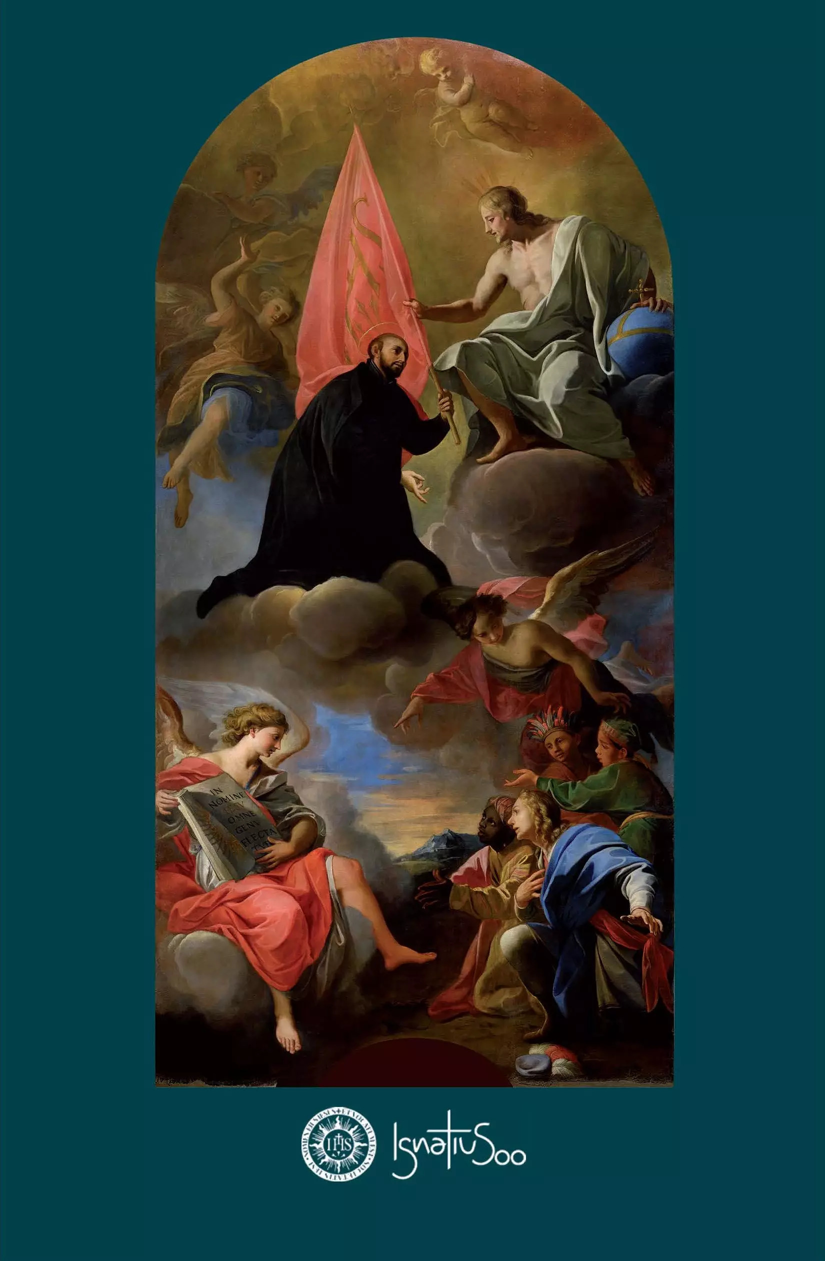 Kartka z fragmentem obrazu ze św. Ignacym przyjmującym misję od Chrystusa. Obraz autorstwa Andrea Pozzo